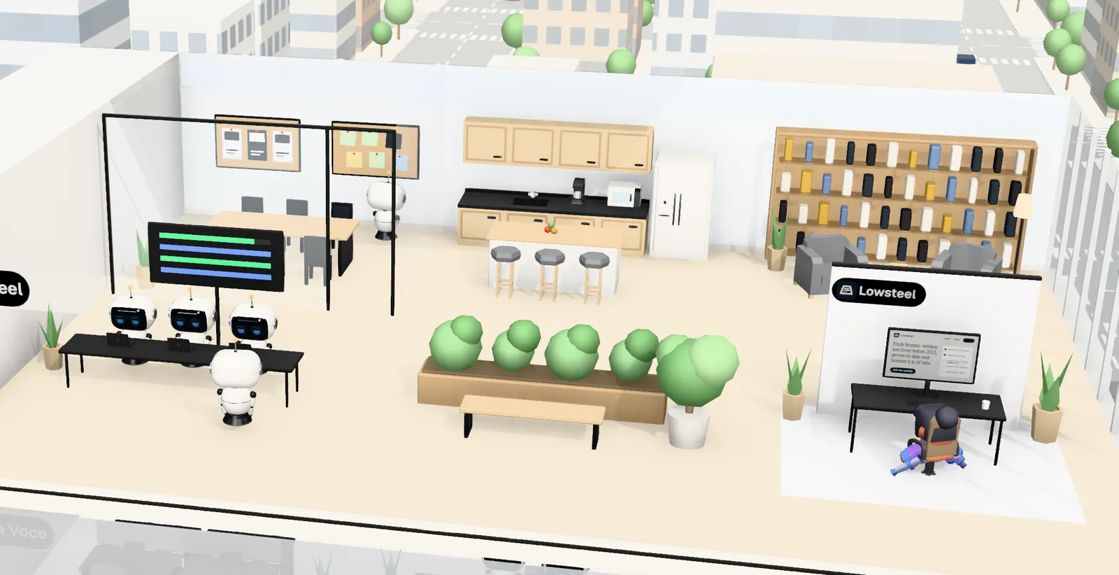Lowsteel’s office on floor 9 of Tower 1: the owner’s desk with the website on screen, the agents’ bench, a meeting room and a library